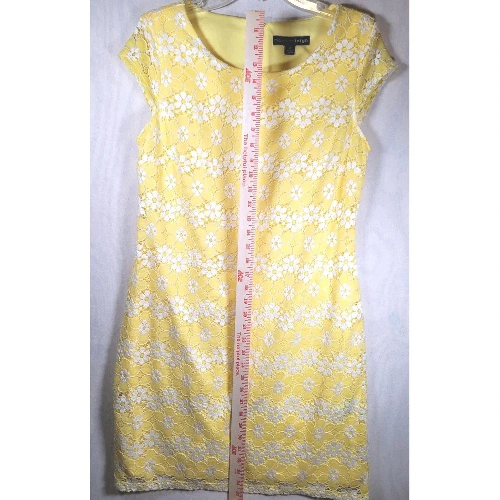 Madison Leigh Womens‎ 10 Classic Yellow Floral Lace Sheath Midi Cap Sleeve Dress